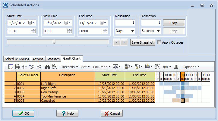 The Scheduled Actions Add-on allows the user to simulate the results of applying combinations of outages.